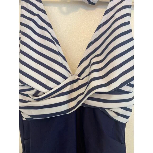 Women’s Navy & White Striped Halter One-Piece Swimsuit With Padded Cups Size S - Picture 3 of 6